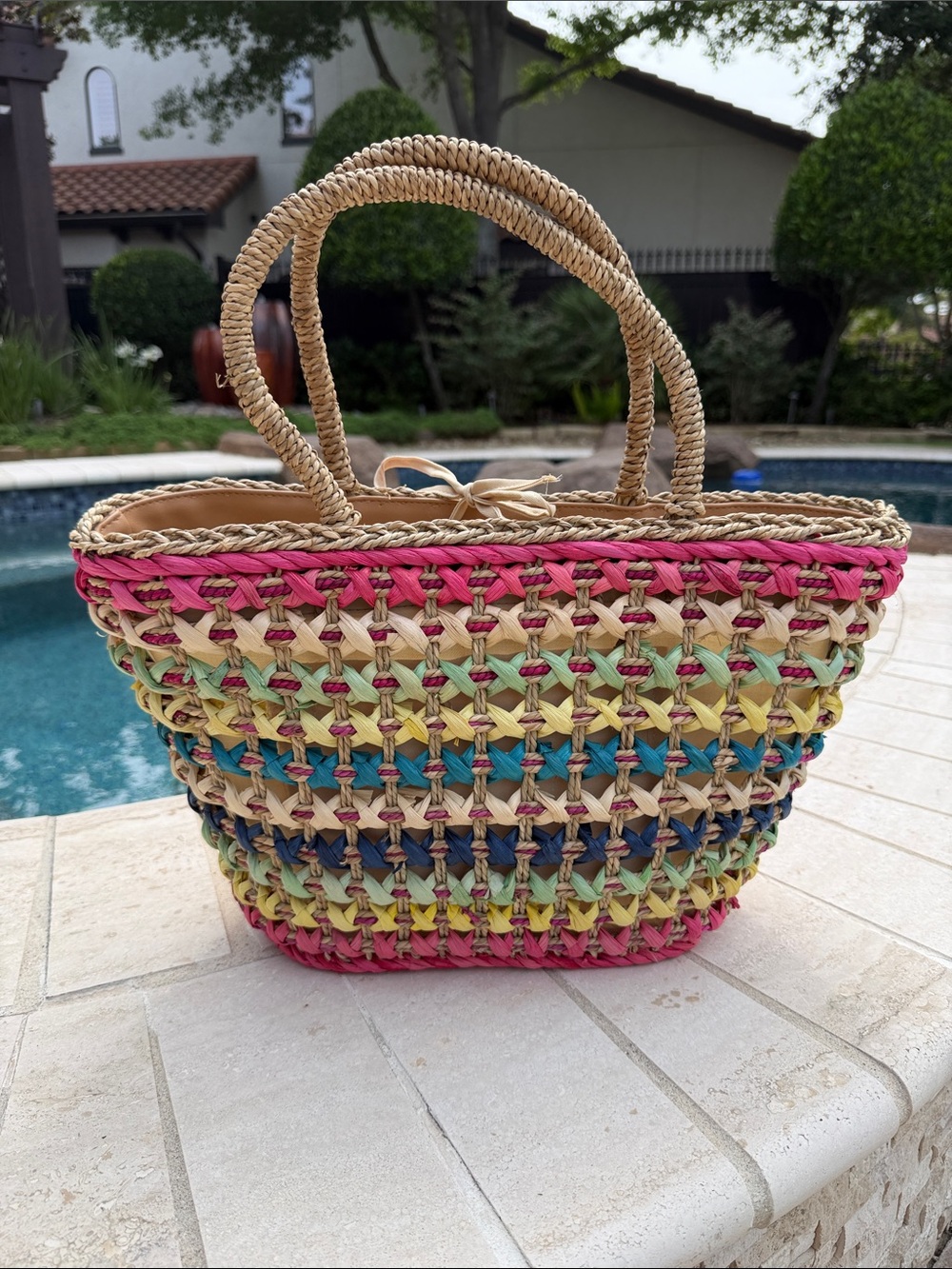 Handwoven Multicolor Straw Tote Bag - Pink, Blue, Yellow